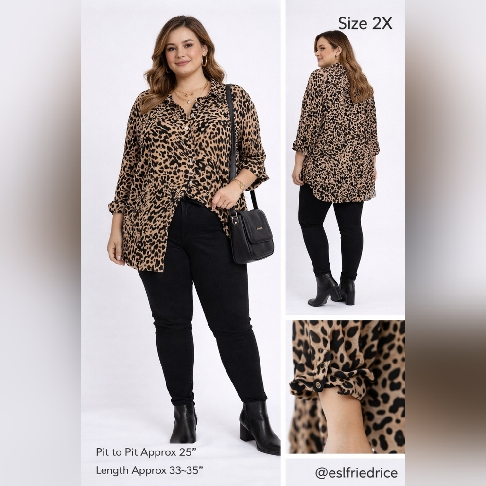 Intro. Leopard Print Button-Up Tunic Blouse Size 2X